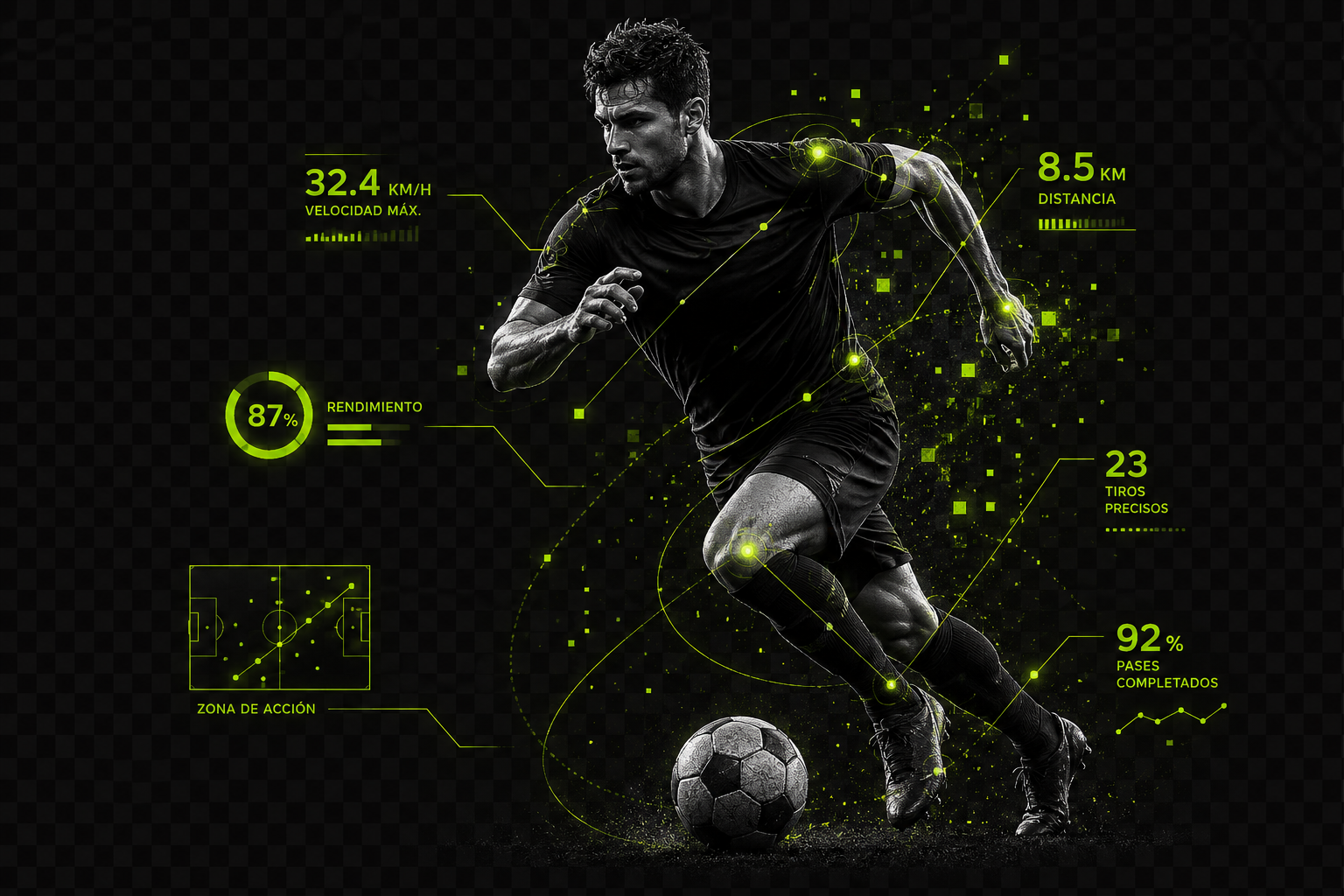 Jugador de fútbol con overlay de datos de rendimiento: velocidad máxima, distancia, pases completados y zona de acción