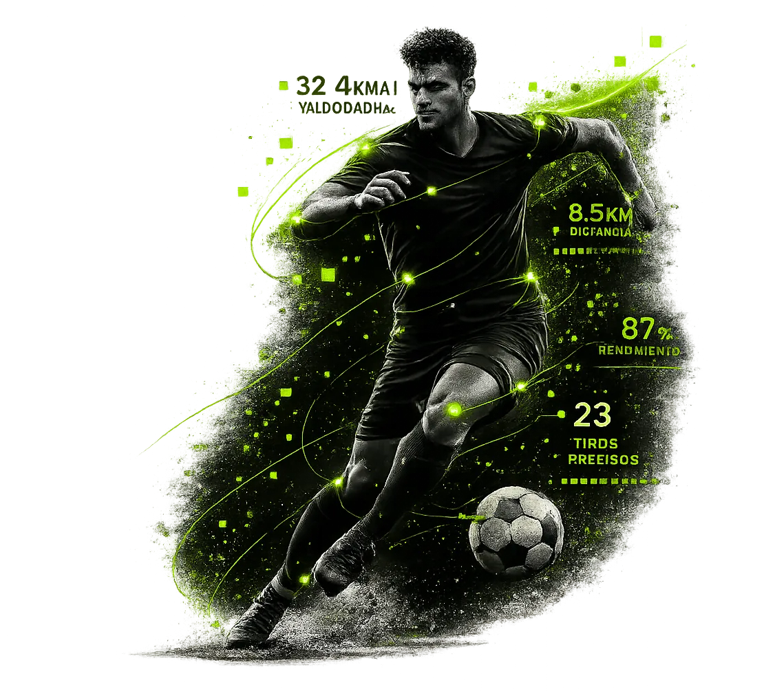 Jugador de fútbol con overlay de datos de rendimiento: velocidad máxima, distancia, pases completados y zona de acción